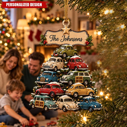 Vintage Car Tree Personalized Wooden Ornament - Retro Christmas Keepsake for Family