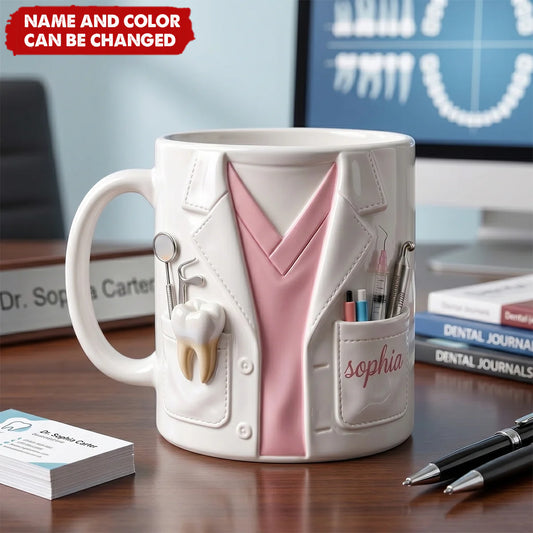 Custom Dentist Scrubs Coffee Mug for Nurse with personalized design details for meaningful gifting