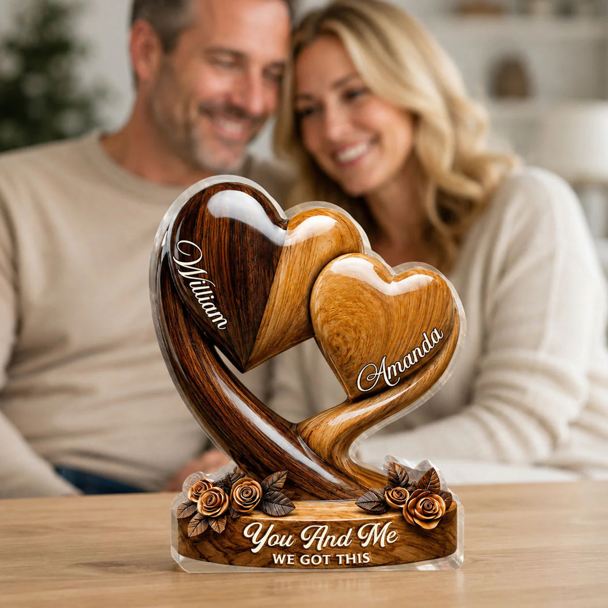 Custom couple anniversary plaque shaped like interlocking wood-textured hearts with personalized names image 7