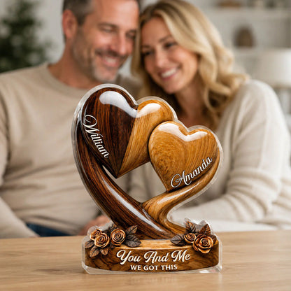 Custom couple anniversary plaque shaped like interlocking wood-textured hearts with personalized names image 7