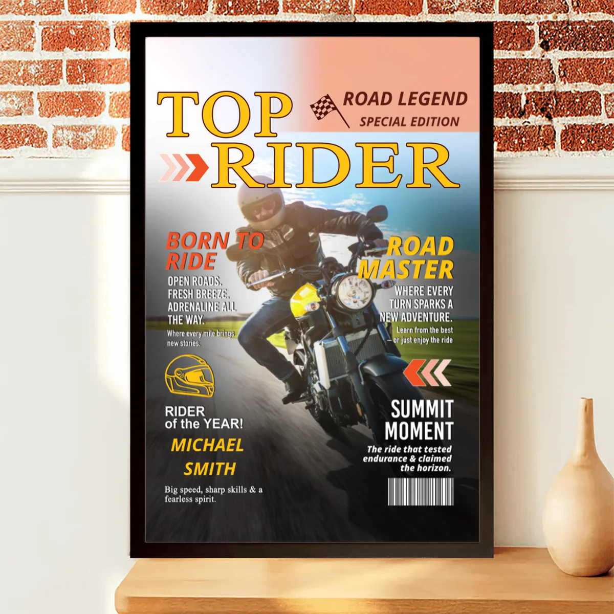 Custom motorcycle magazine canvas cover print featuring a personalized biker portrait and rider name. image 7