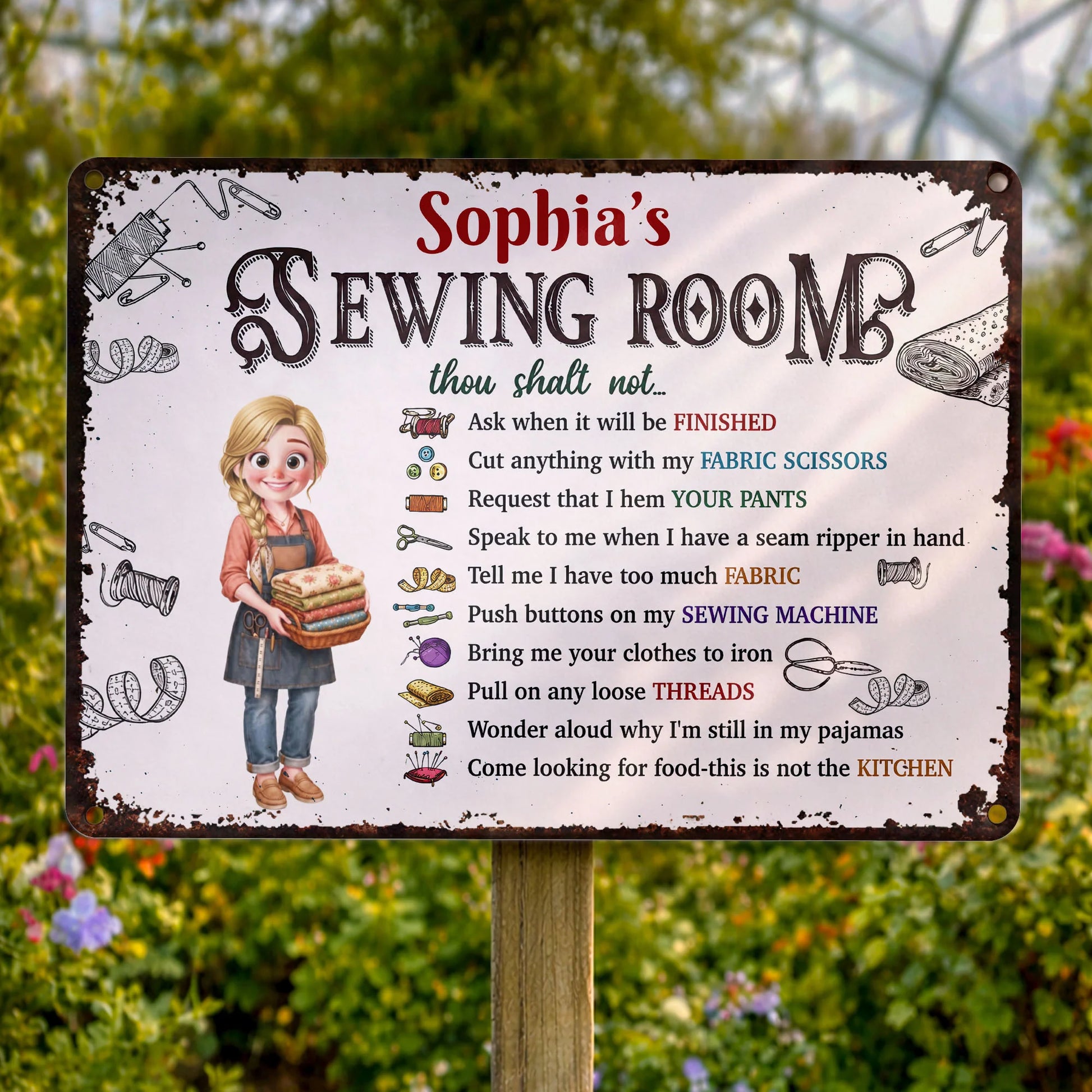 Personalized sewing room rules metal sign with funny rules and custom name for craft room wall decor image 7