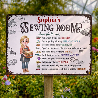 Personalized sewing room rules metal sign with funny rules and custom name for craft room wall decor image 7