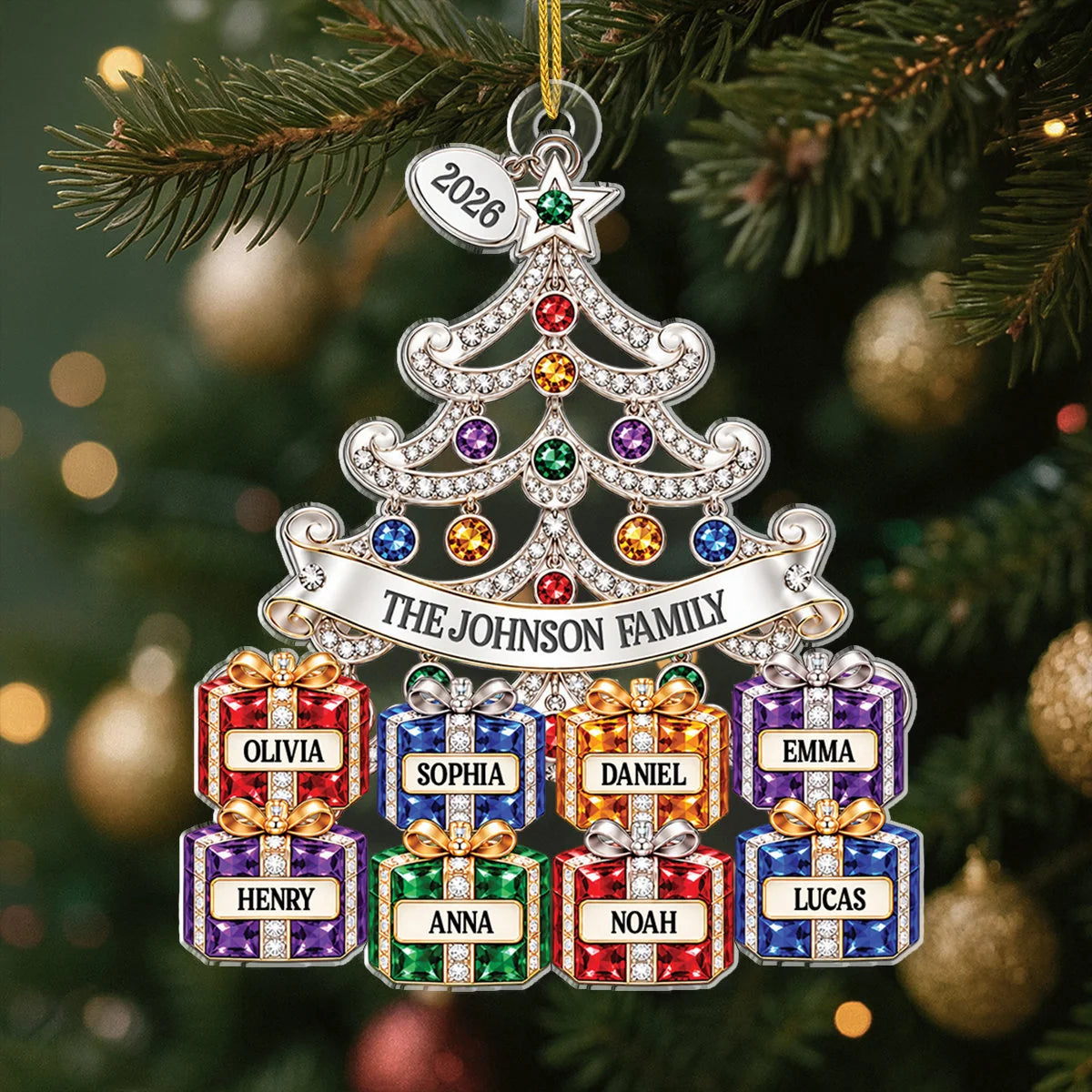 Sparkling Jewel Tree Personalized Acrylic Ornament - Custom Names for Family Christmas Keepsake
