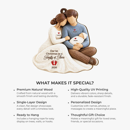 "Our 1st Christmas as a Family of Three" Personalized Wooden Ornament - Keepsake Gift for New Parents & Baby