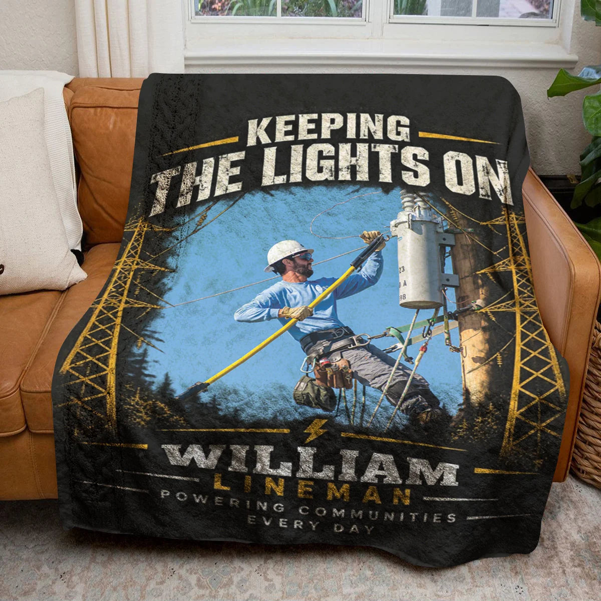 Keeping The Lights On Personalized Lineman Blanket - Custom Power Line Worker Photo Fleece Gift