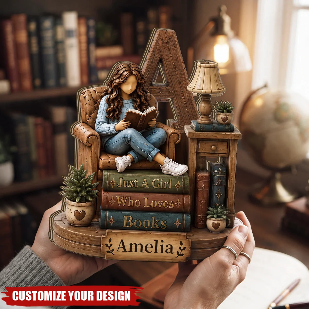 "Just A Girl Who Loves Books" Custom Name Wooden Block - Personalized Gift for Book Lovers
