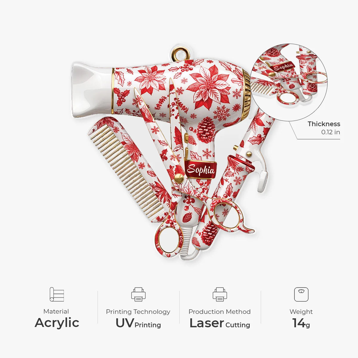 Floral Hair Stylist Tools Personalized Acrylic Ornament - Christmas Gift for Hairstylists