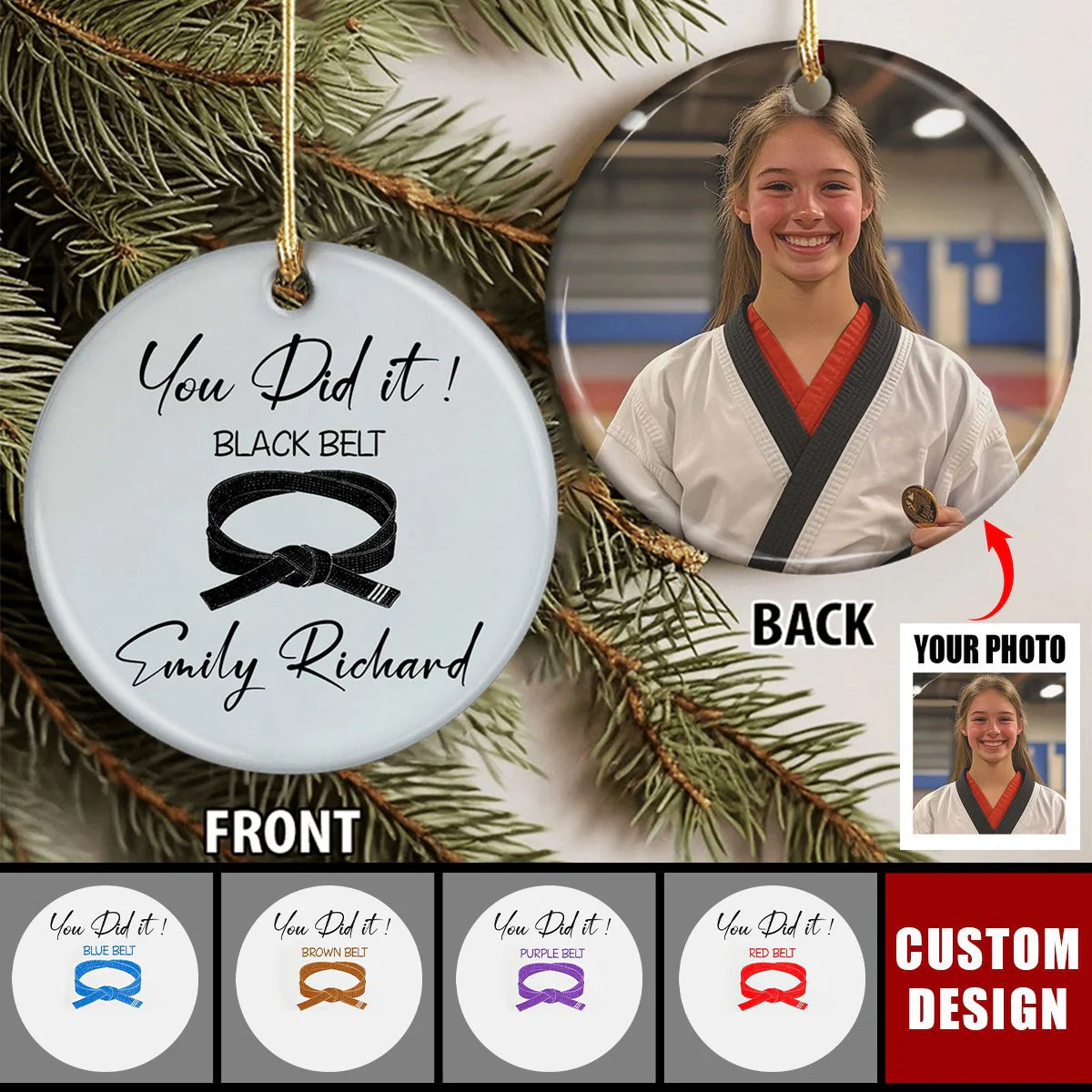 Custom karate belt photo ornament with personalized photo print - unique Christmas gift for martial arts lovers
