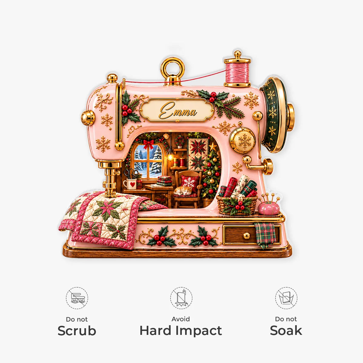 Vintage Quilt Sewing Machine Personalized Acrylic Ornament - Christmas Decor Gift for Sewers