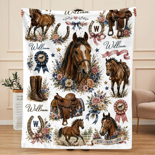 Personalized horse blanket with custom name William featuring floral western cowboy boots, saddle, and horseshoe design