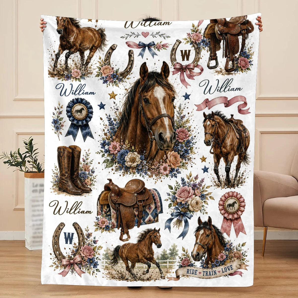 Personalized horse blanket with custom name William featuring floral western cowboy boots, saddle, and horseshoe design