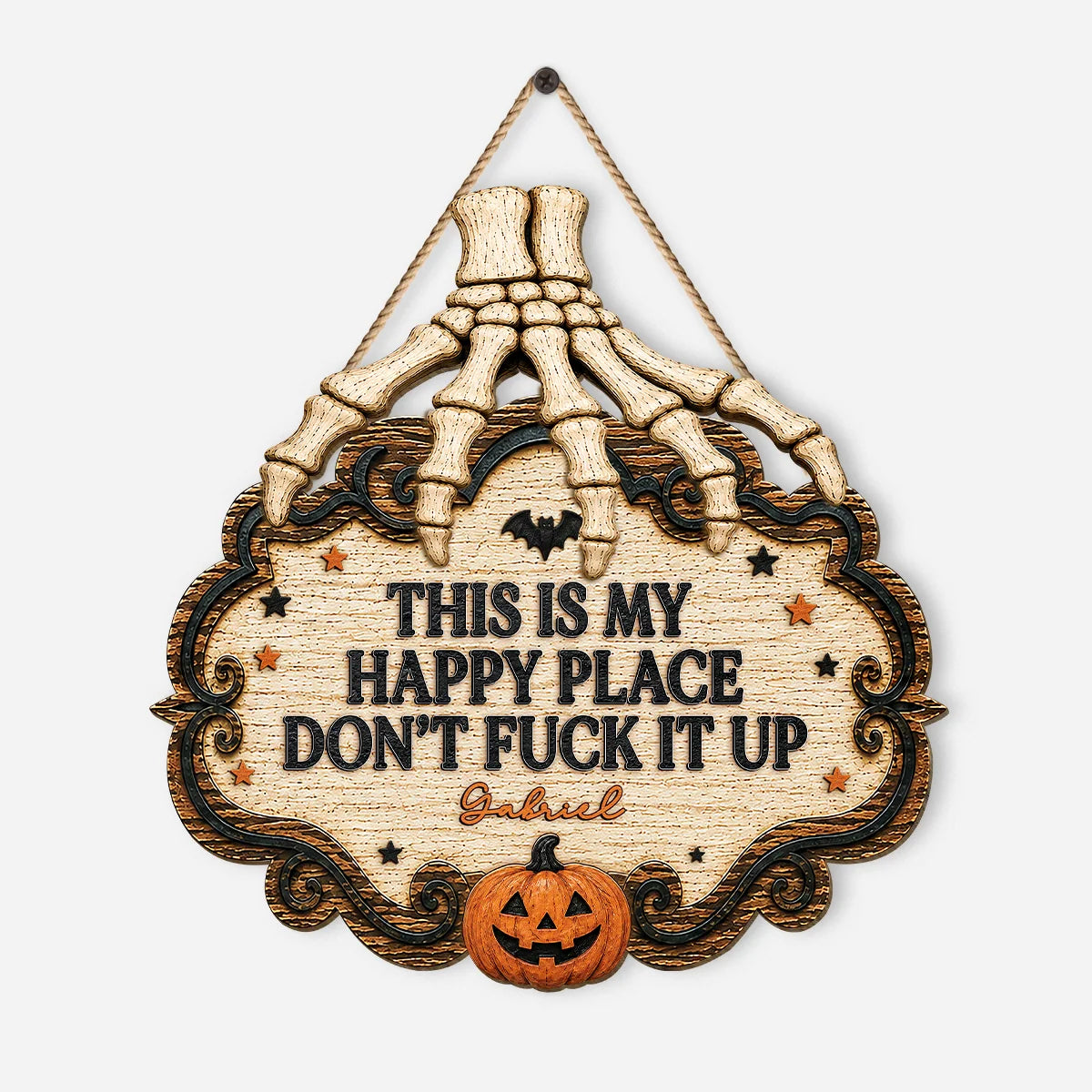 "This Is My Happy Place" Personalized Halloween Wood Sign - Custom Front Door Decor for Family