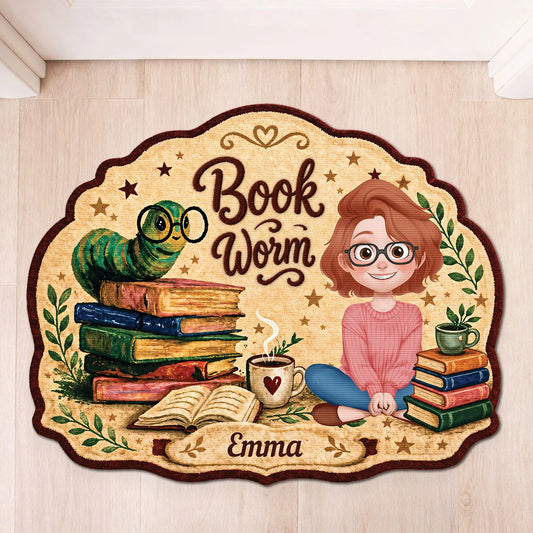 Personalized bookworm doormat with custom name and reader character print for book lovers home decor