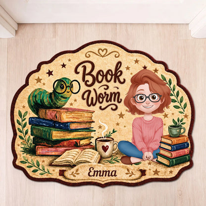 Personalized bookworm doormat with custom name and reader character print for book lovers home decor