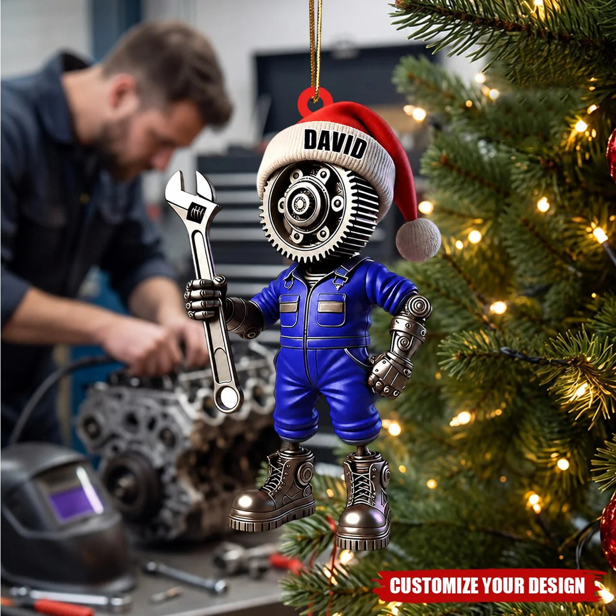 Personalized Mechanic Santa Hat Acrylic Ornament - Custom Christmas Decor Gift for Car Repair Enthusiasts