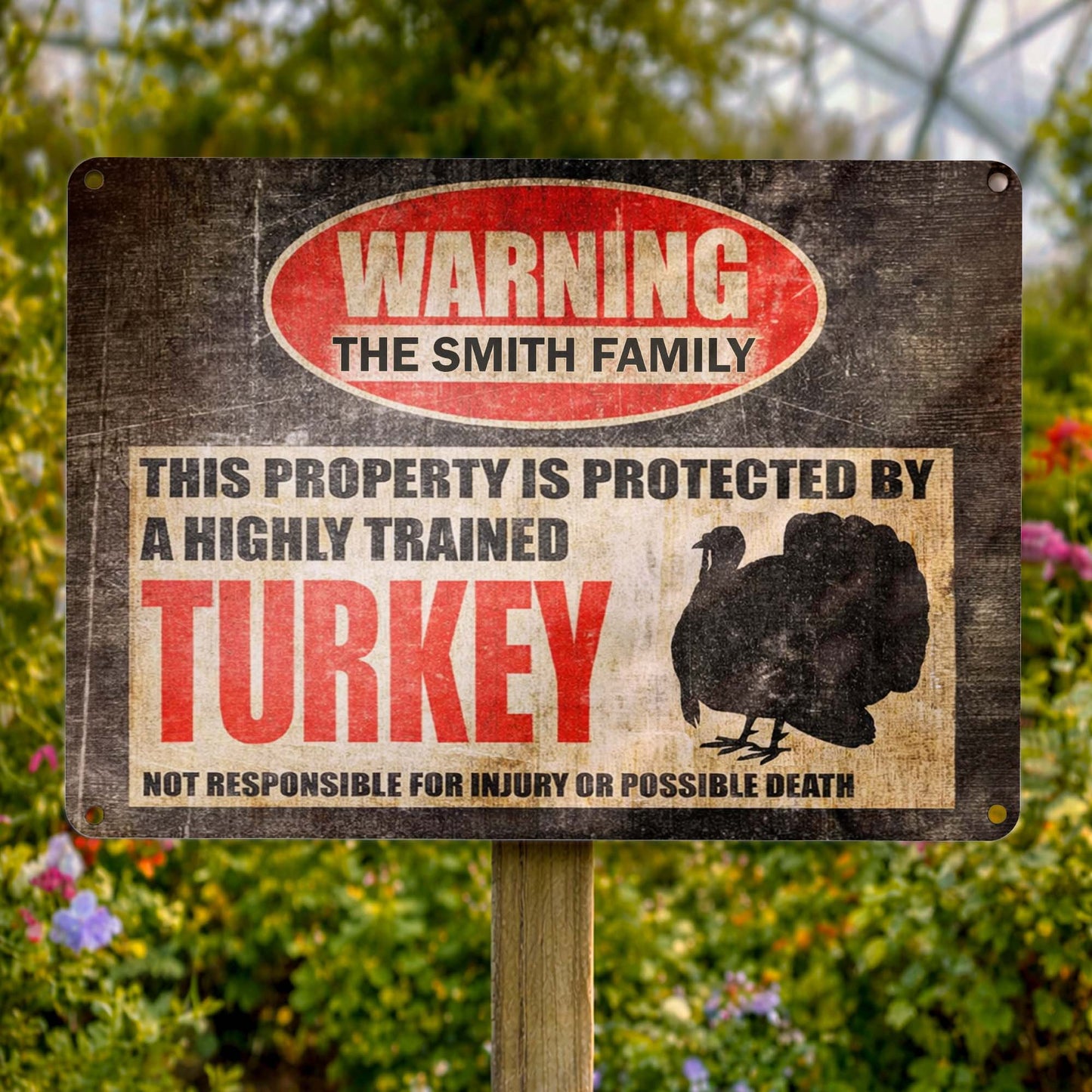 Personalized turkey farm metal sign with custom family name for funny homestead yard decor image 7