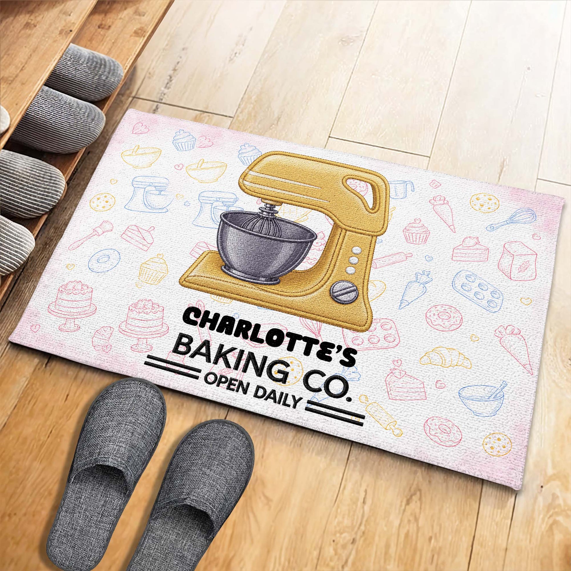 Baking Co. Open Daily Personalized Doormat - Custom Kitchen Welcome Mat for Bakers