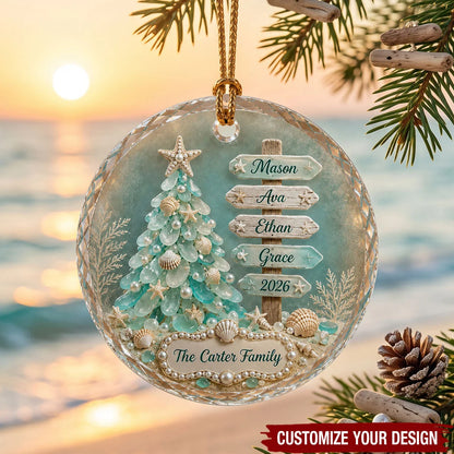 Personalized Sea Glass Christmas Tree Ornament - Custom Family Name Signpost Gift