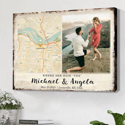 Custom map canvas print featuring a personalized proposal location and couple photo for an engagement gift