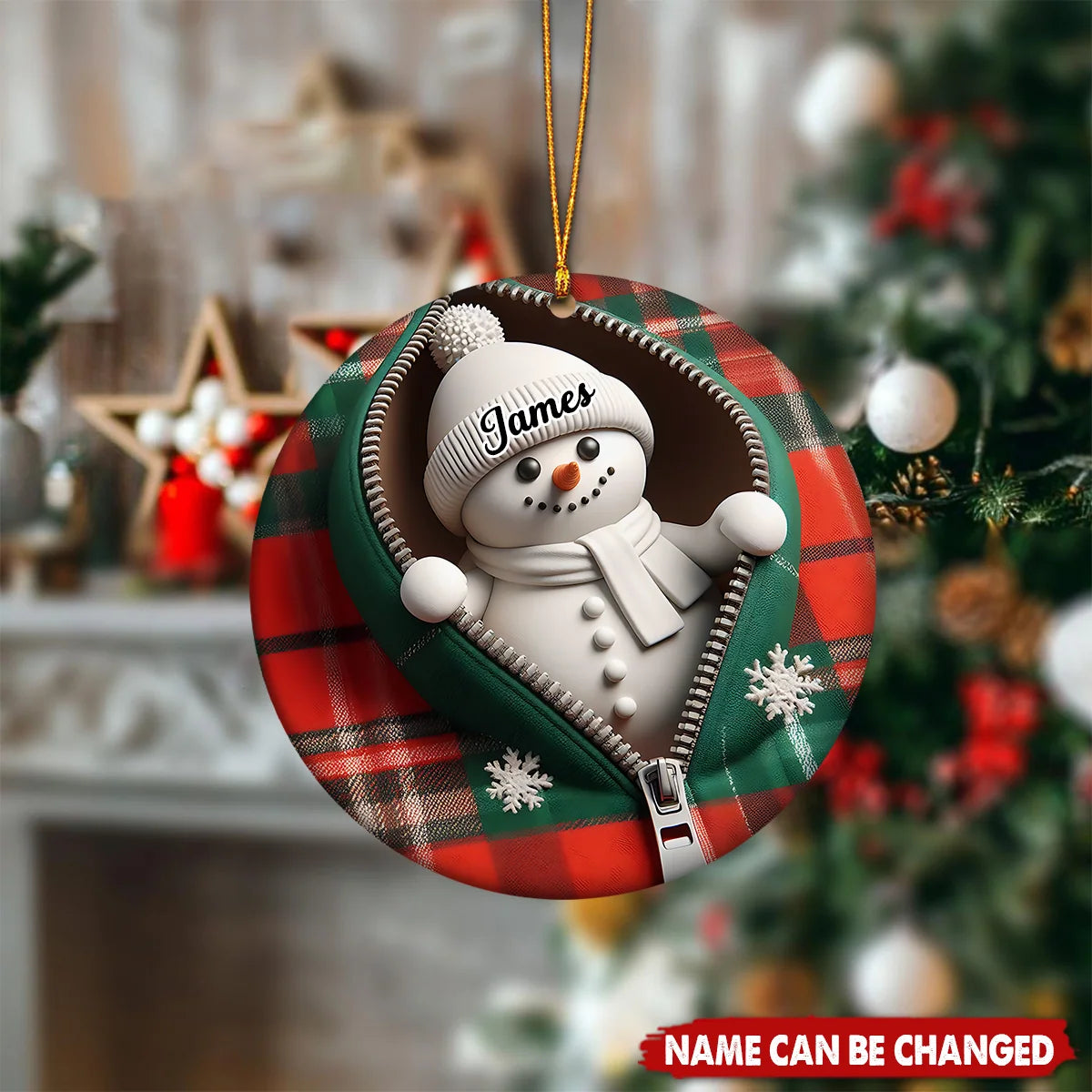 Funny Plaid Zipper Snowman Personalized Ceramic Ornament - Christmas Gift for Family
