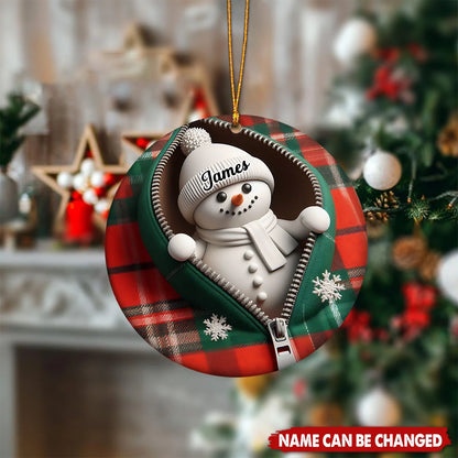 Funny Plaid Zipper Snowman Personalized Ceramic Ornament - Christmas Gift for Family