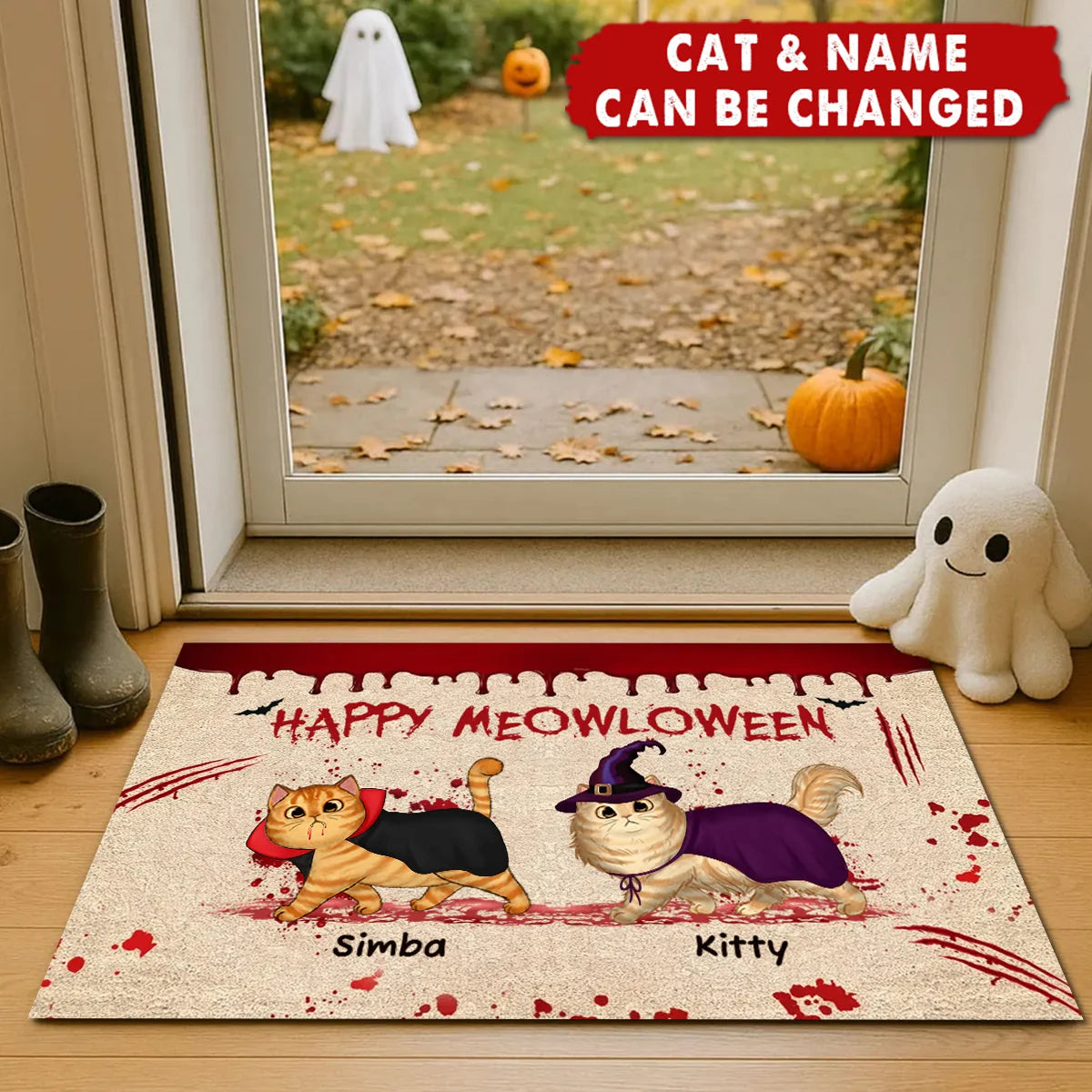 Happy Meowloween Personalized Halloween Cat Doormat - Front Porch Decor for Cat Lovers