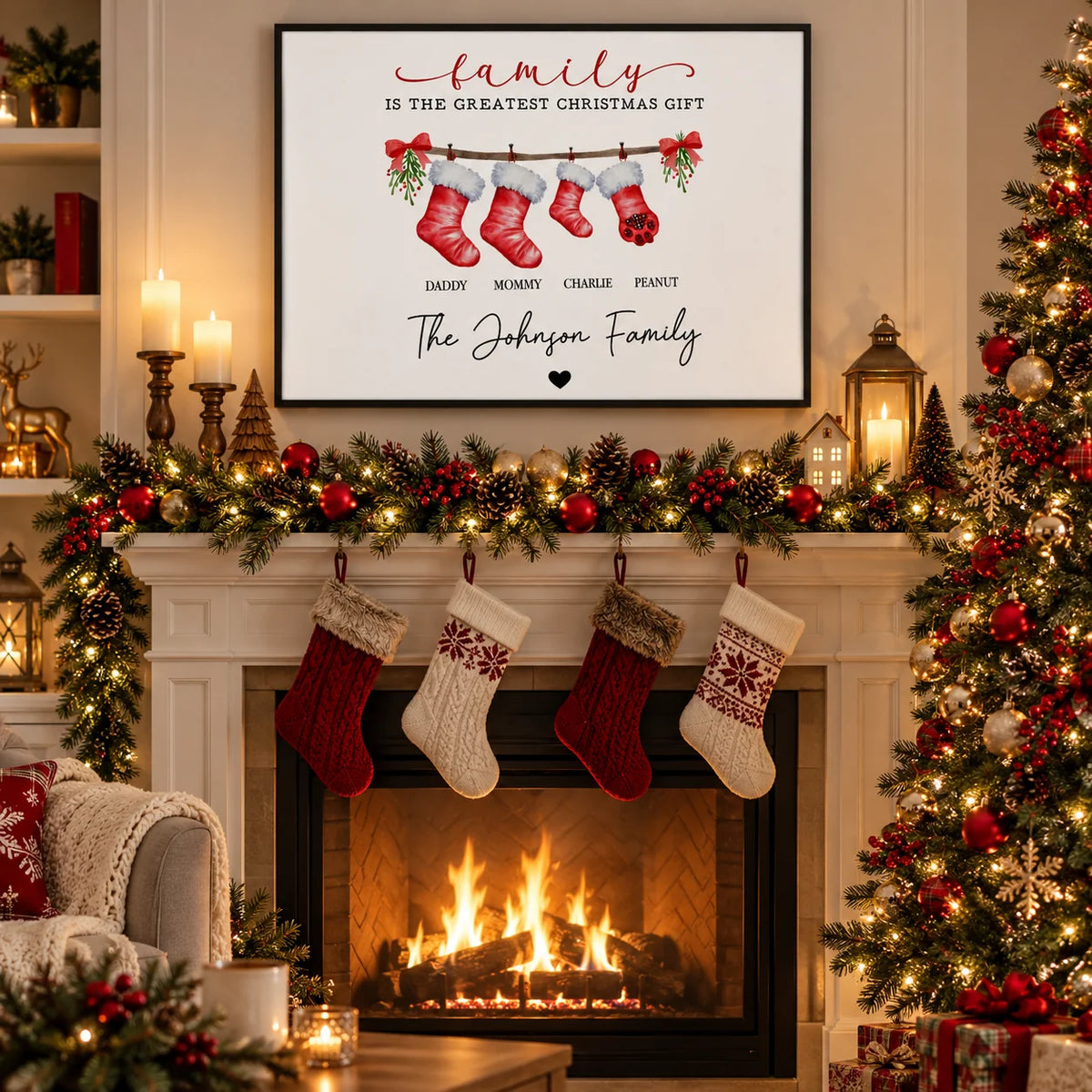 Family Is The Greatest Christmas Gift canvas with names on stockings above a decorated mantel