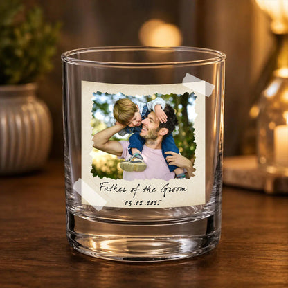 Personalized photo whiskey glass custom printed with Father of the Bride text and custom wedding picture