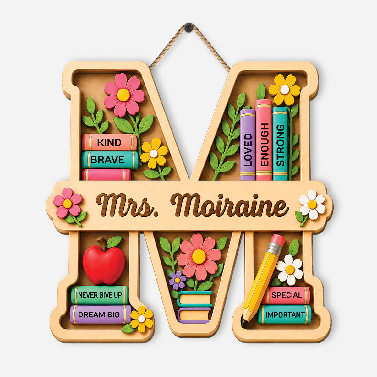 Personalized teacher monogram wood sign shaped like letter M with books and flowers for classroom door decor