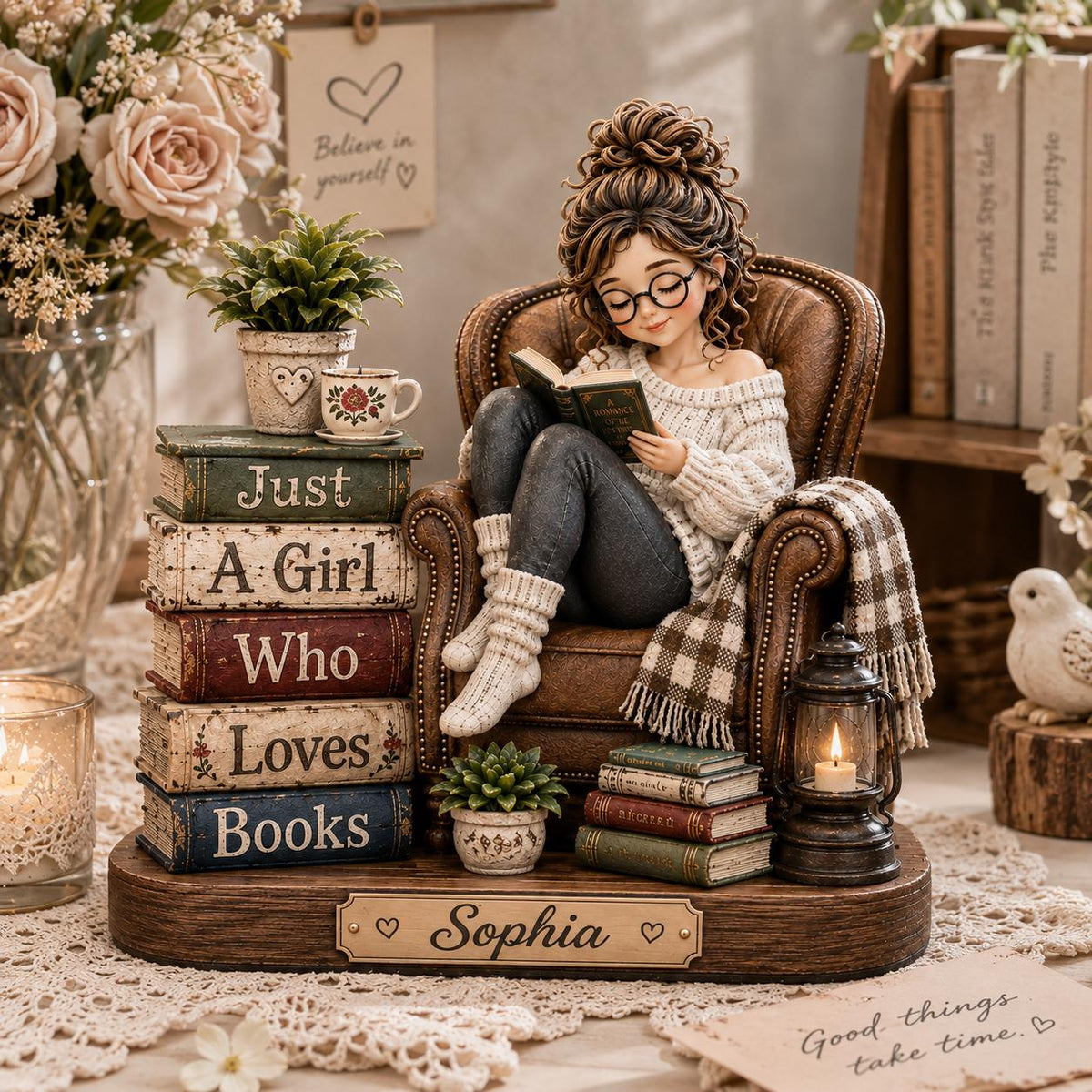"Just A Girl Who Loves Books" Personalized Wooden Block - Custom Birthday Gift for Book Lovers