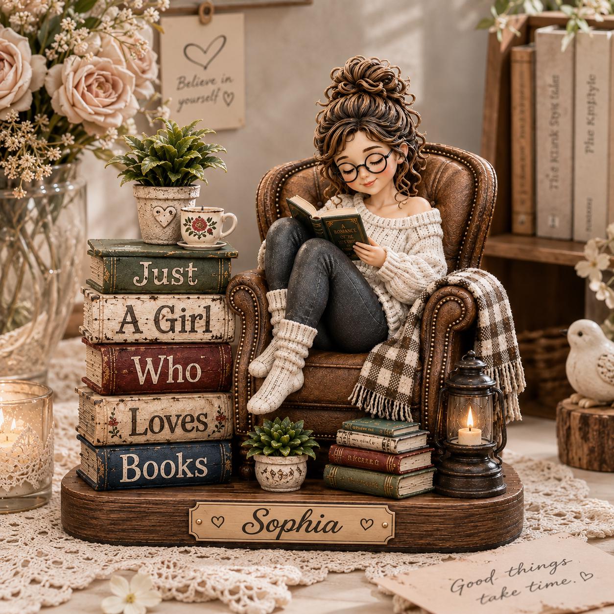 "Just A Girl Who Loves Books" Personalized Wooden Block - Custom Birthday Gift for Book Lovers