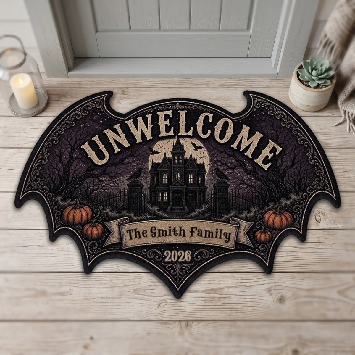 "UNWELCOME" Personalized Bat Shaped Doormat - Gothic Halloween Outdoor Rug Decor for Family Housewarming