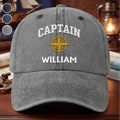 Personalized Captain hat with custom name and gold compass graphic on vintage washed denim cap for sailing lovers