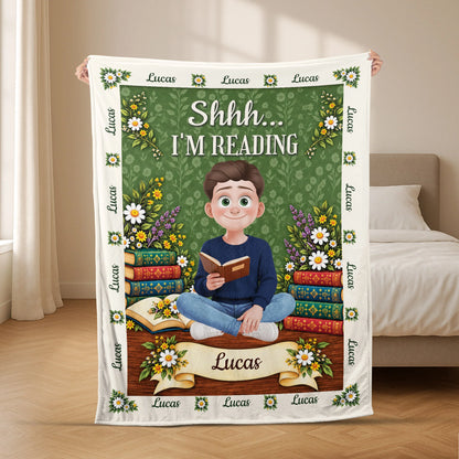 Shhh I'm Reading Personalized Book Lover Blanket - Custom Cozy Reading Gift for Kids & Bookworms