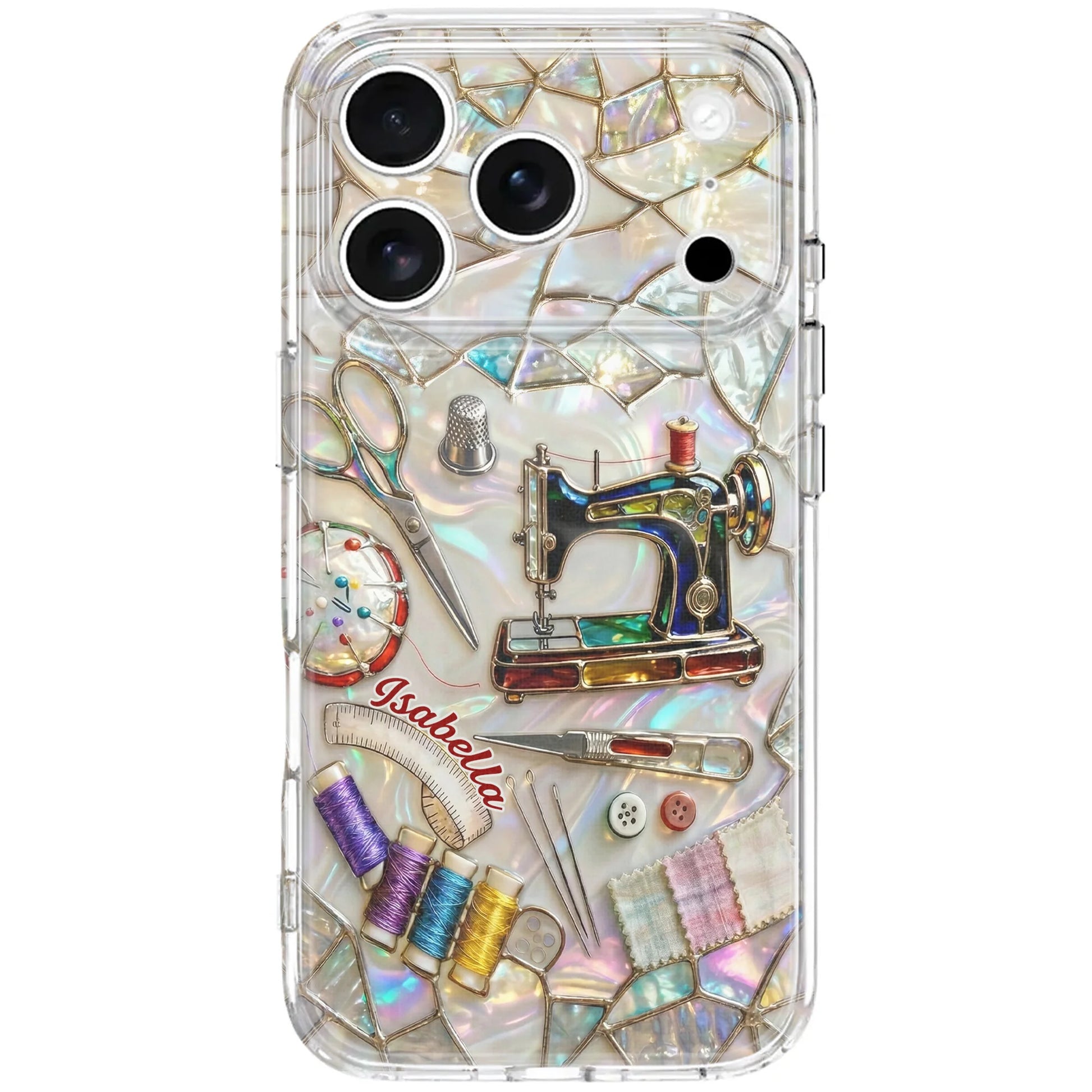 Personalized clear phone case featuring colorful sewing machine and craft design for seamstresses image 9