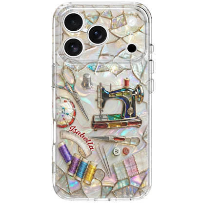 Personalized clear phone case featuring colorful sewing machine and craft design for seamstresses image 9