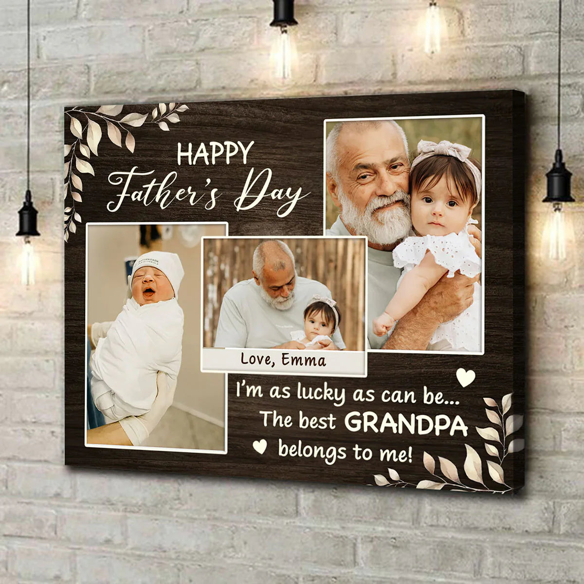 Personalized best grandpa canvas with custom photos and quote for grandfather Father's Day gift
