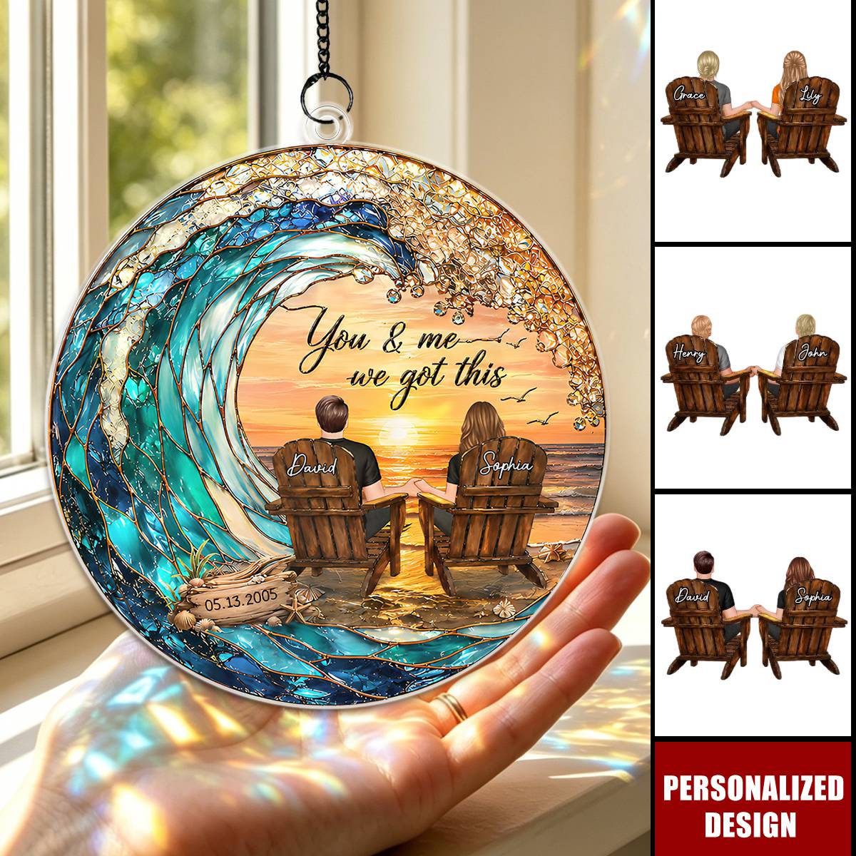 Personalized couple suncatcher ornament with custom beach sunset wave design - unique anniversary gift for couples