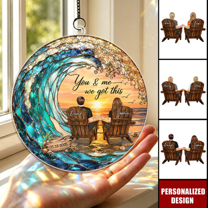 Personalized couple suncatcher ornament with custom beach sunset wave design - unique anniversary gift for couples