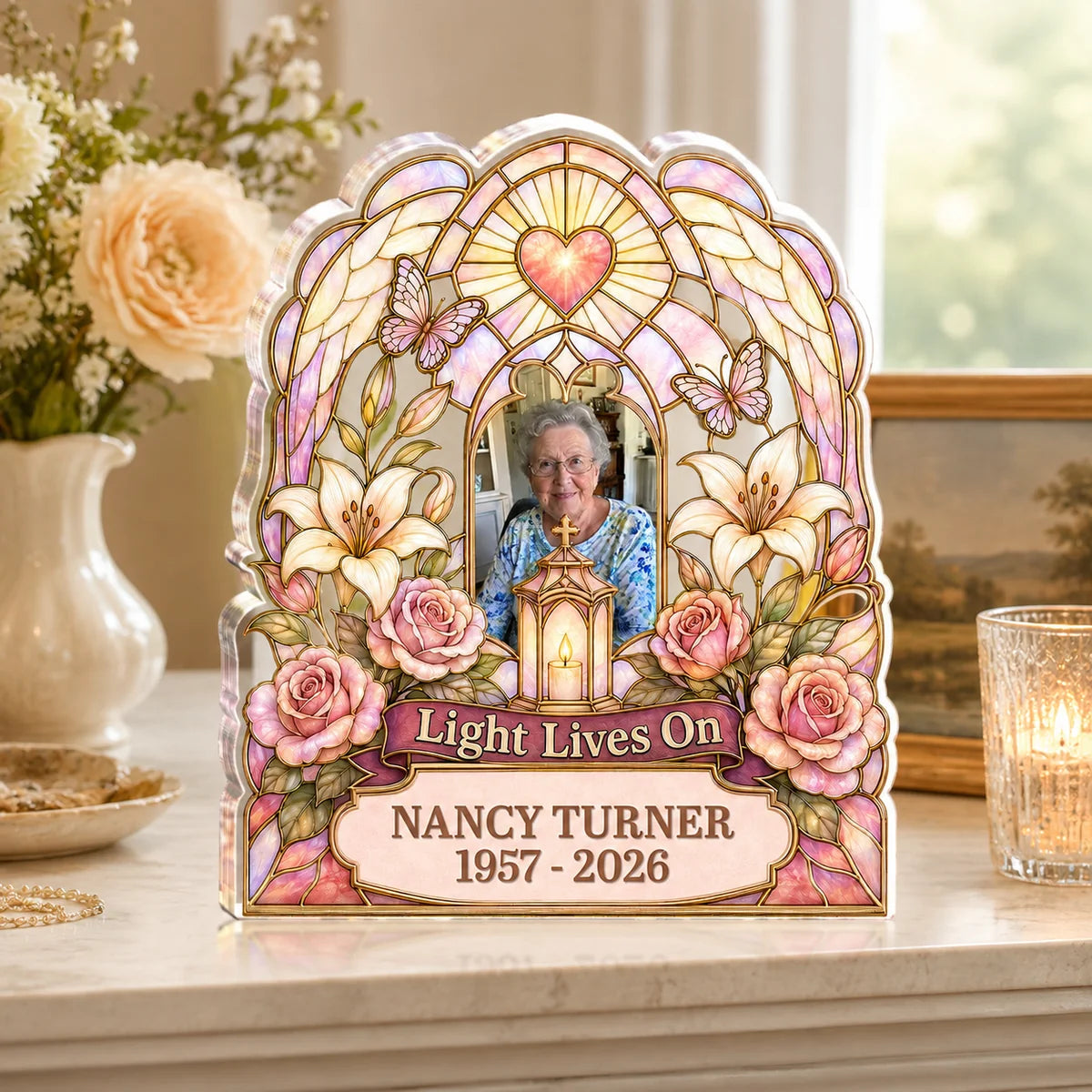"Light Lives On" Personalized Photo Memorial Acrylic Plaque - Custom Bereavement Keepsake for Family