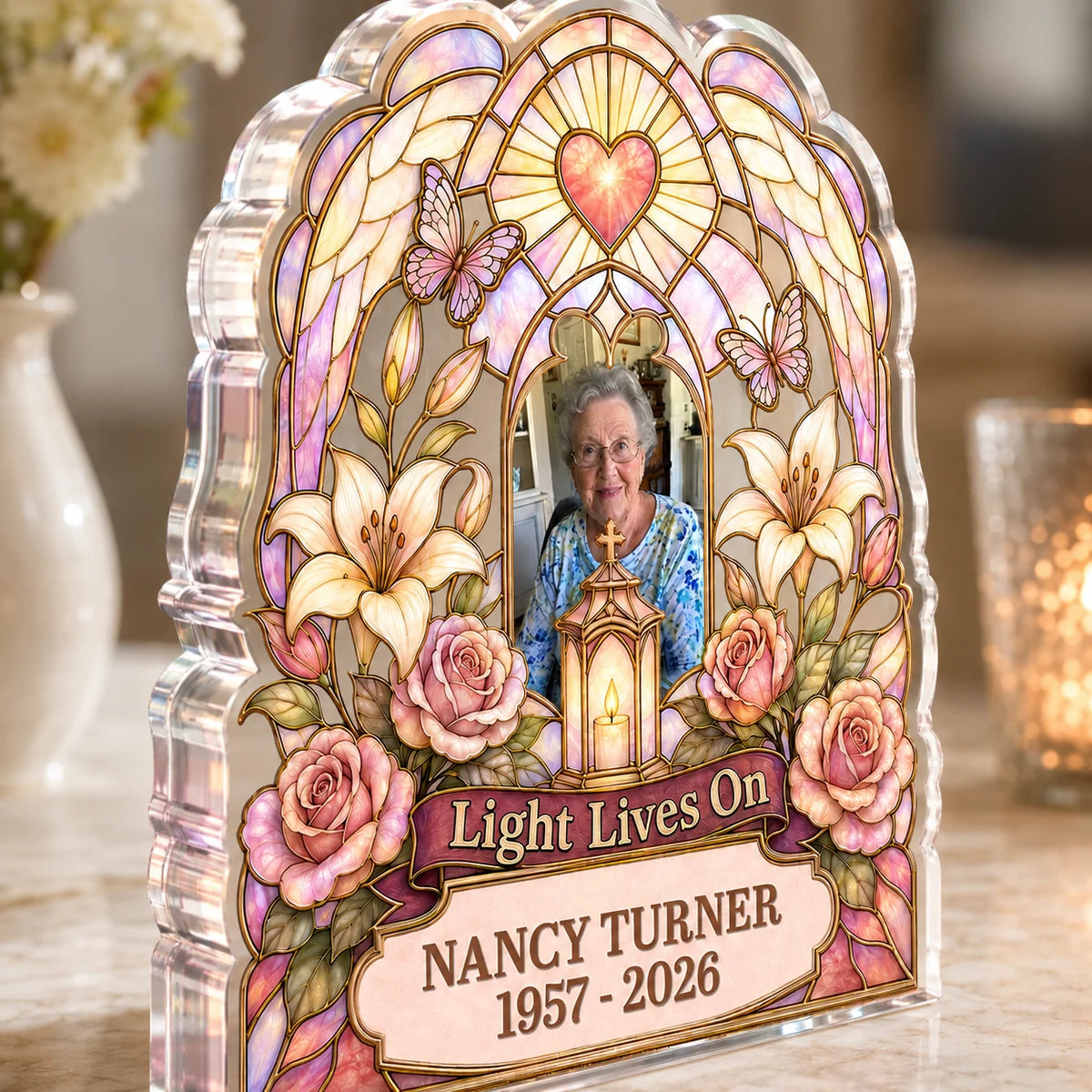 "Light Lives On" Personalized Photo Memorial Acrylic Plaque - Custom Bereavement Keepsake for Family