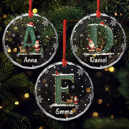 Custom Santa & Reindeer Initial Name Glass Ornament - Personalized Christmas Tree Keepsake for Family
