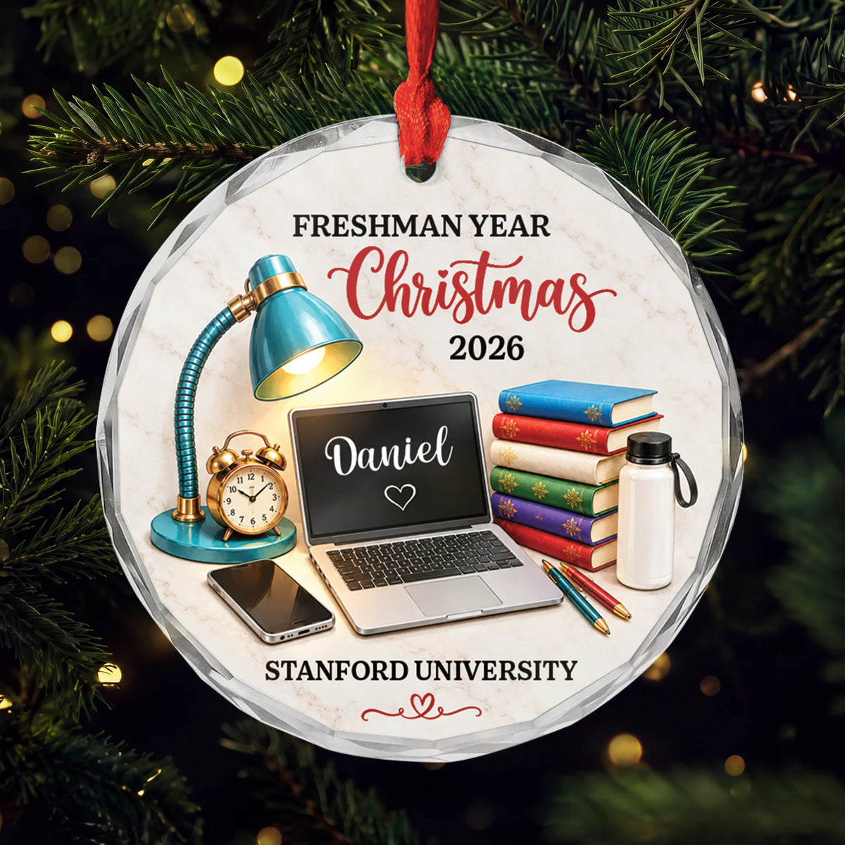 Freshman Year Christmas 2026 - Custom Study Desk Glass Ornament for College Student