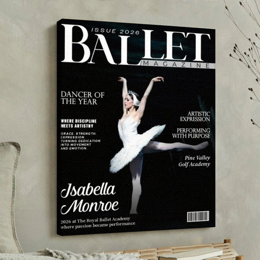 Personalized ballet dancer poster styled as a custom magazine cover art for a ballerina gift