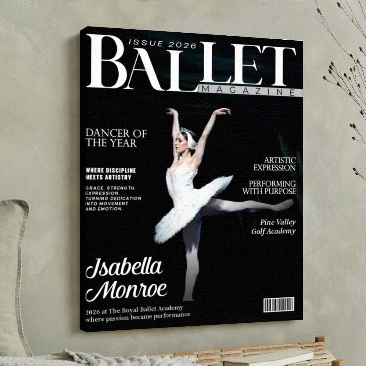 Personalized ballet dancer poster styled as a custom magazine cover art for a ballerina gift