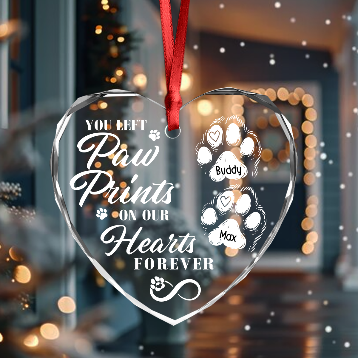 "You Left Paw Prints On Our Hearts Forever" Personalized Glass Ornament - Custom Pet Memorial Keepsake for Dog Lovers
