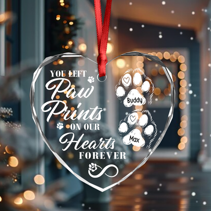 "You Left Paw Prints On Our Hearts Forever" Personalized Glass Ornament - Custom Pet Memorial Keepsake for Dog Lovers