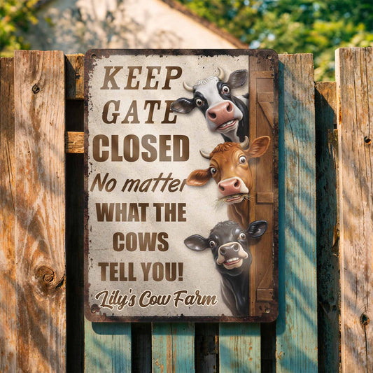 Personalized farm sign with funny cows and Keep Gate Closed text - custom metal decor for barn or yard