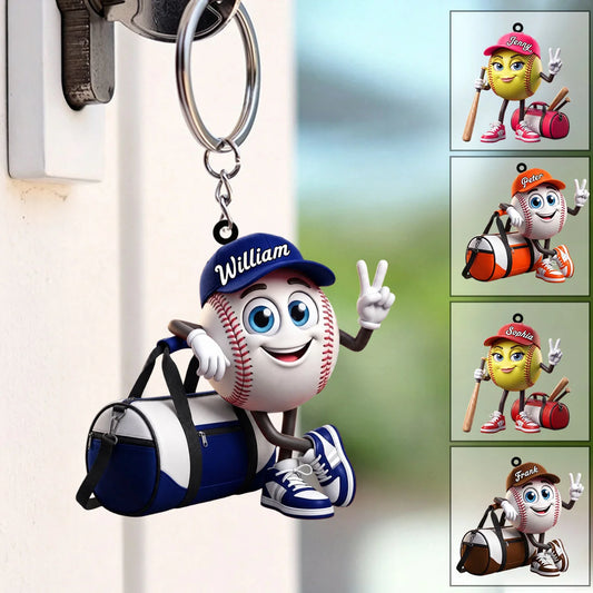 Cute V-Sign Mascot Personalized Baseball Acrylic Keychain - Custom Name Softball Bag Tag Gift